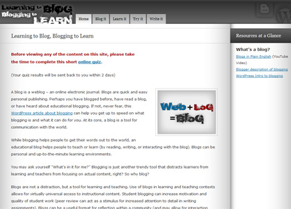Screenshot of Learning to Blog, Blogging to Learn instructional Web site